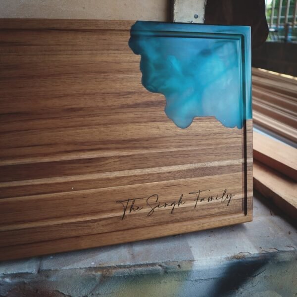 Teak Cutting Board with Ocean Resin Accent – 18 x 11 in., 1.5 in. Thick